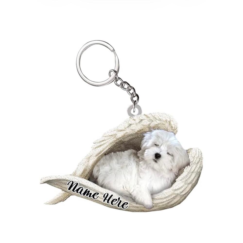 Maltese Sleeping Angel acrylic keychain With The Name Mattie On It